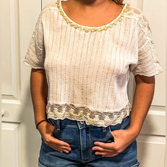ANTHROPOLGIE vintage lace Top metallic gold stripes Size S - Picture 14 of 17